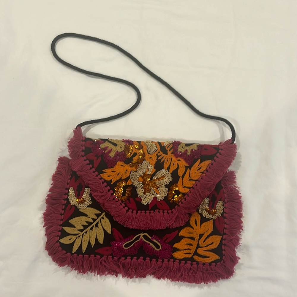 Anthropologie Pink Tassel & Sequin Oversize Clutch with Strap